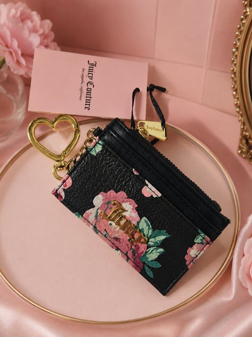 Juicy Couture Black Floral Mini Card Holder Wallet with Gold Hardware